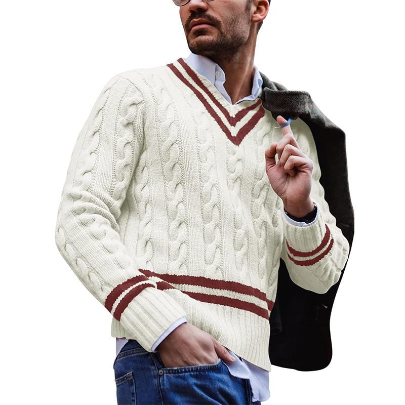 Herren Strickpullover V-Ausschnitt Zopfmuster Elegant-Beige-S-Luzern Mode