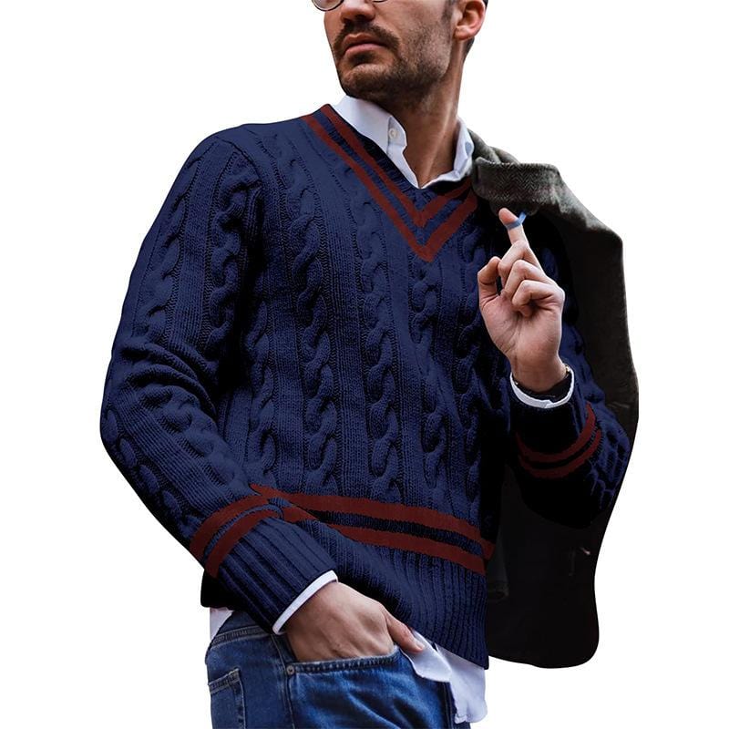 Herren Strickpullover V-Ausschnitt Zopfmuster Elegant-Dunkelblau-S-Luzern Mode
