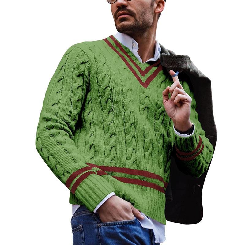 Herren Strickpullover V-Ausschnitt Zopfmuster Elegant-Grün-S-Luzern Mode
