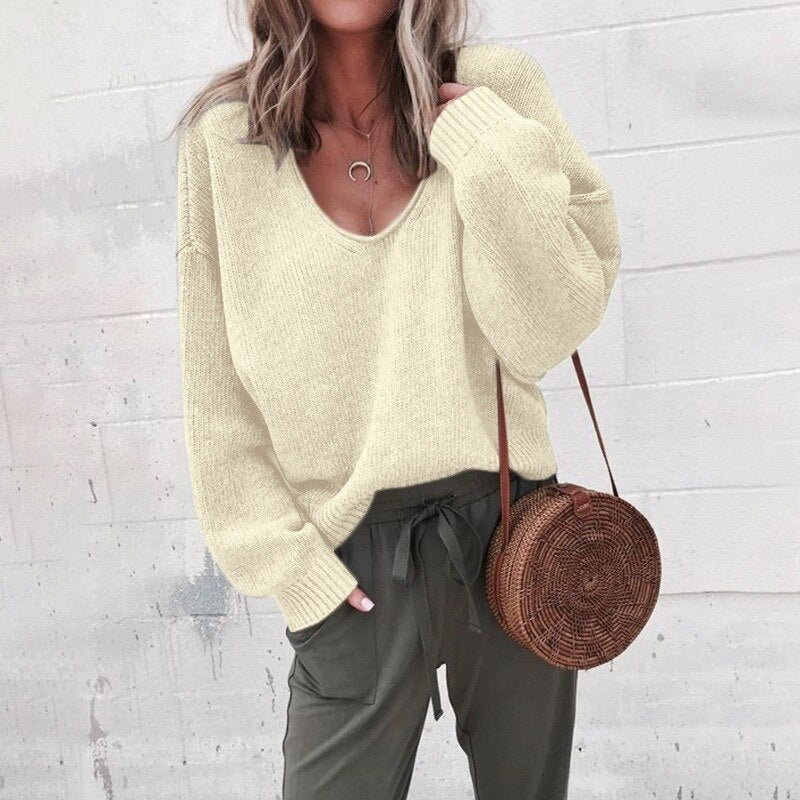 Oversized Damen Strickpullover V-Ausschnitt Lässig Herbstmode-Beige-XS-Luzern Mode