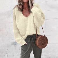 Oversized Damen Strickpullover V-Ausschnitt Lässig Herbstmode-Beige-XS-Luzern Mode