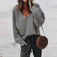 Oversized Damen Strickpullover V-Ausschnitt Lässig Herbstmode-Dunkelgrau-XS-Luzern Mode