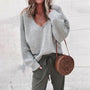 Oversized Damen Strickpullover V-Ausschnitt Lässig Herbstmode-Grau-XS-Luzern Mode