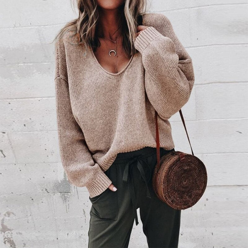 Oversized Damen Strickpullover V-Ausschnitt Lässig Herbstmode-Khaki-XS-Luzern Mode