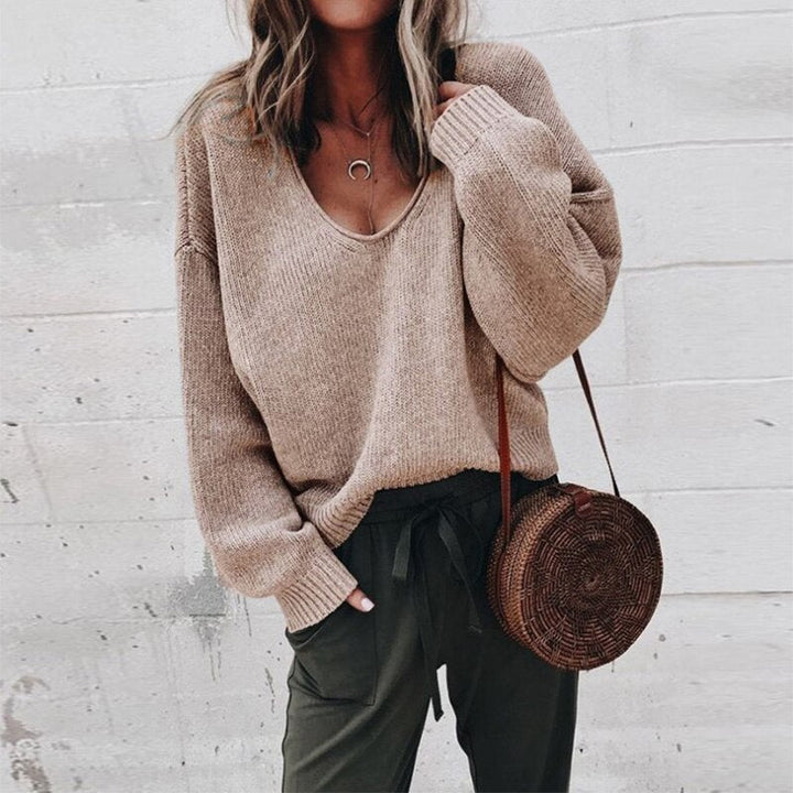 Oversized Damen Strickpullover V-Ausschnitt Lässig Herbstmode-Khaki-XS-Luzern Mode