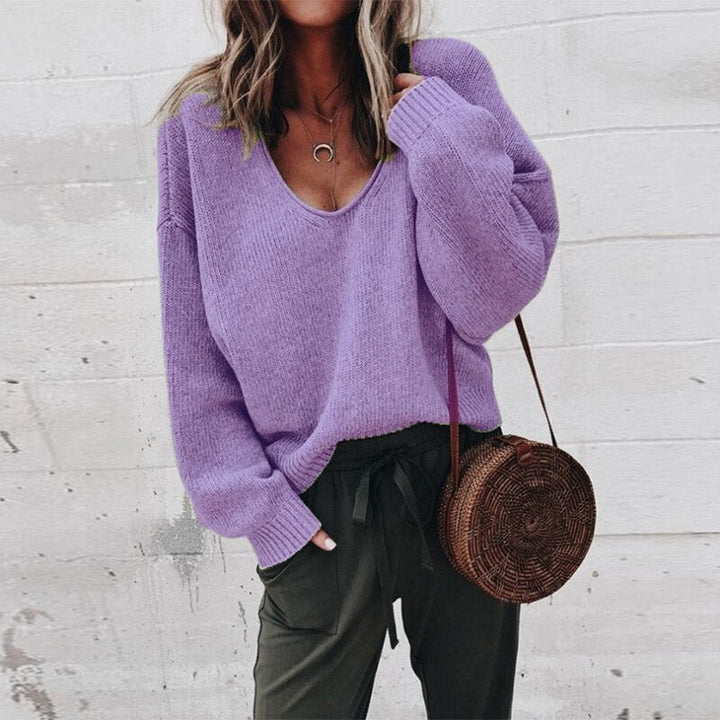 Oversized Damen Strickpullover V-Ausschnitt Lässig Herbstmode-Lila-XS-Luzern Mode