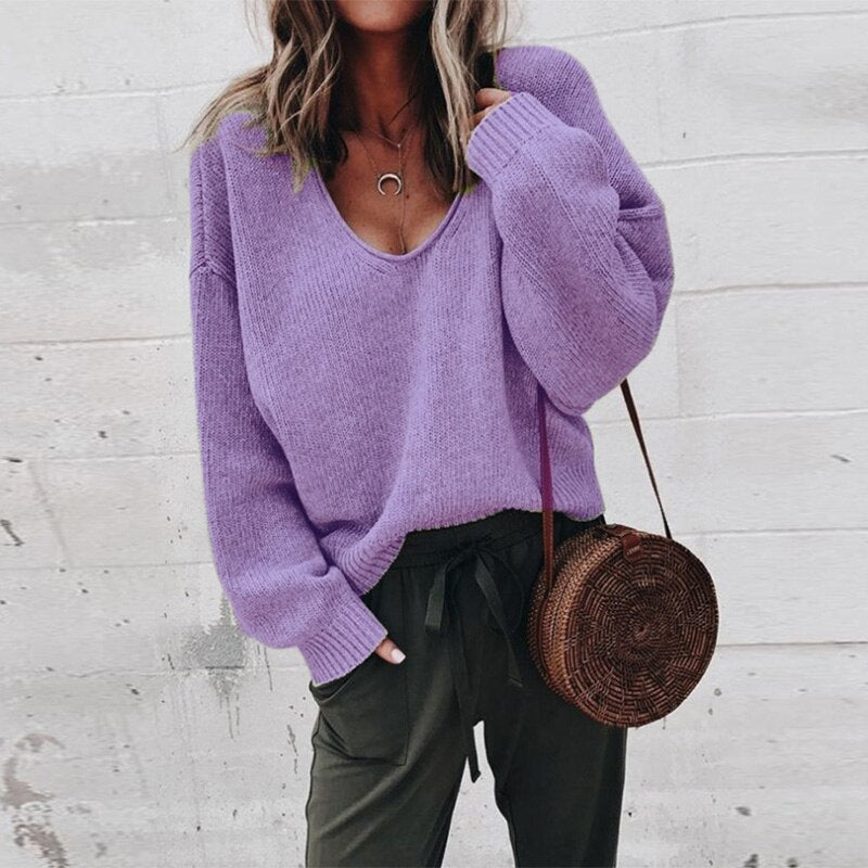 Oversized Damen Strickpullover V-Ausschnitt Lässig Herbstmode-Lila-XS-Luzern Mode