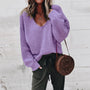 Oversized Damen Strickpullover V-Ausschnitt Lässig Herbstmode-Lila-XS-Luzern Mode
