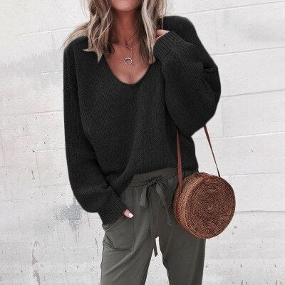 Oversized Damen Strickpullover V-Ausschnitt Lässig Herbstmode-Schwarz-XS-Luzern Mode