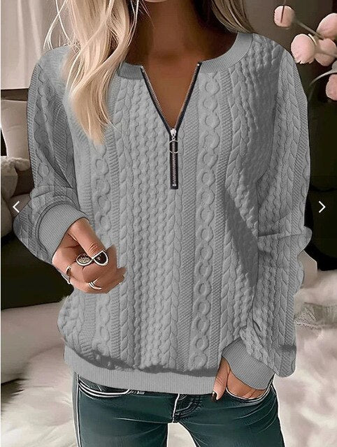 Damen Strickpullover mit Reißverschluss und Zopfmuster-Grau-S-Luzern Mode