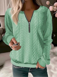 Damen Strickpullover mit Reißverschluss und Zopfmuster-Grün-S-Luzern Mode