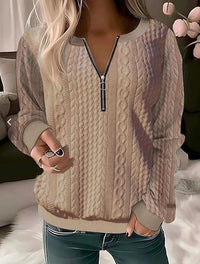 Damen Strickpullover mit Reißverschluss und Zopfmuster-Khaki-S-Luzern Mode