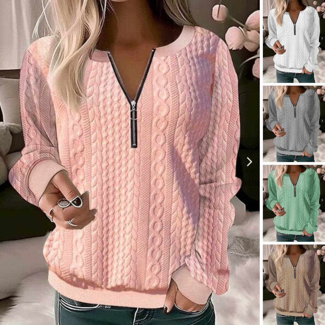 Damen Strickpullover mit Reißverschluss und Zopfmuster-Luzern Mode