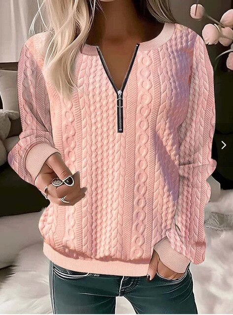 Damen Strickpullover mit Reißverschluss und Zopfmuster-Rosa-S-Luzern Mode