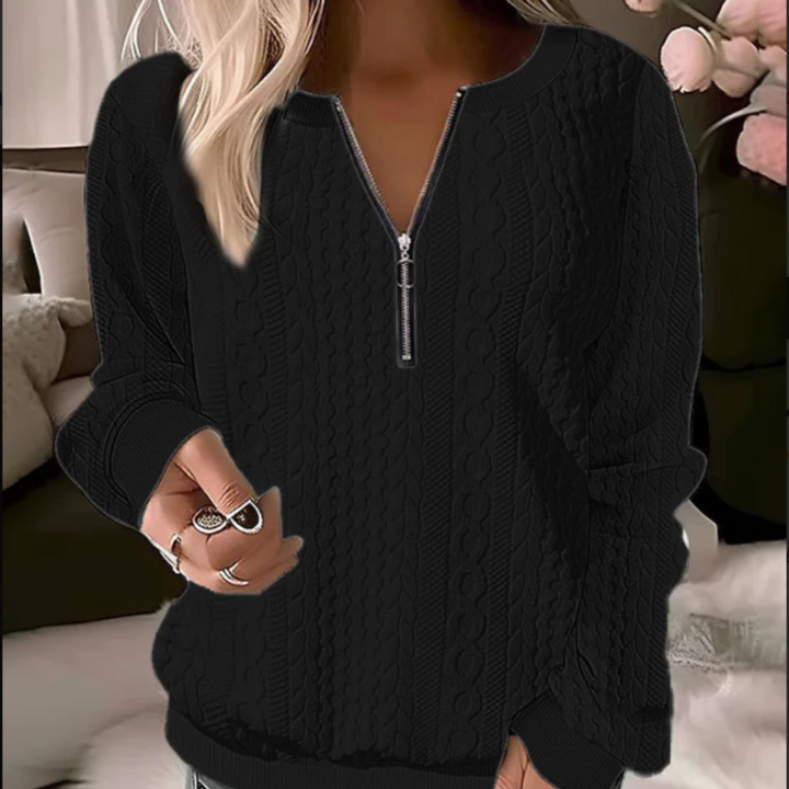 Damen Strickpullover mit Reißverschluss und Zopfmuster-Schwarz-S-Luzern Mode