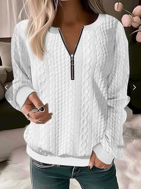 Damen Strickpullover mit Reißverschluss und Zopfmuster-Weiß-S-Luzern Mode