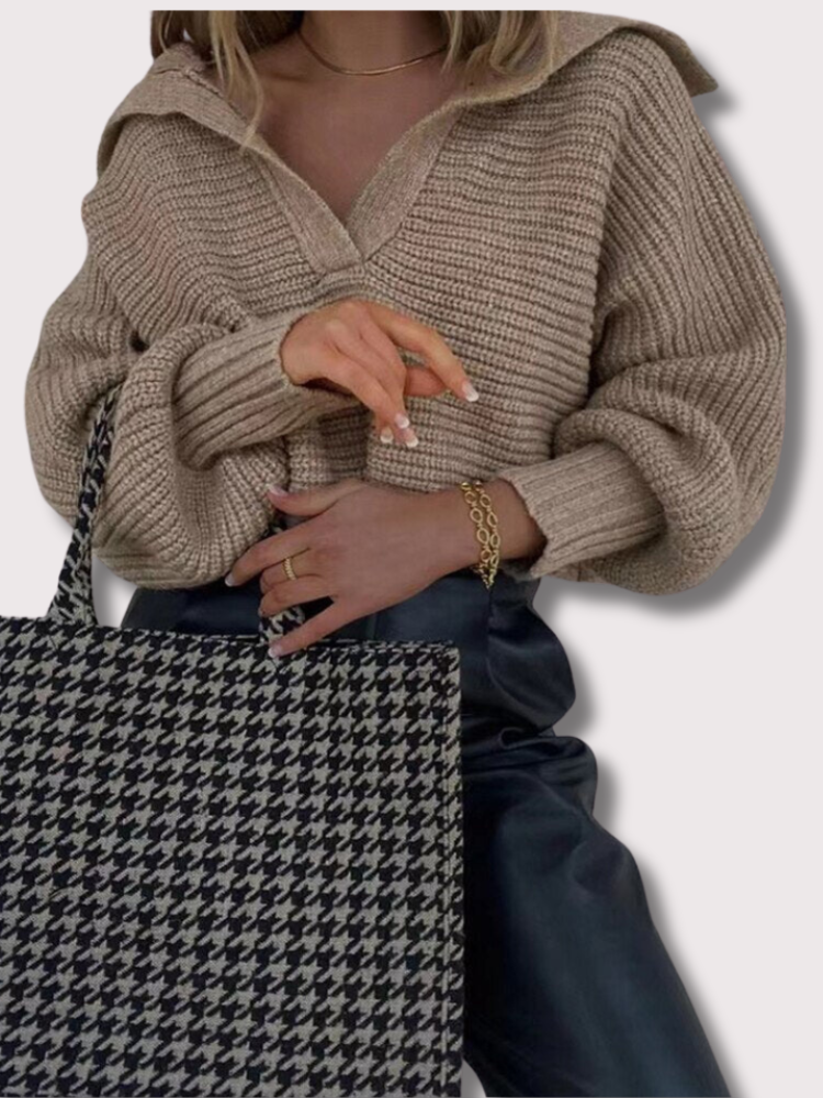 Damen Strickpullover mit V-Ausschnitt und Ballonärmeln-Luzern Mode
