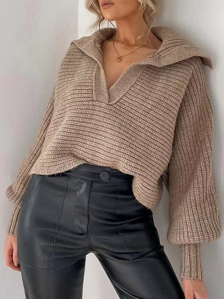 Damen Strickpullover mit V-Ausschnitt und Ballonärmeln-Luzern Mode