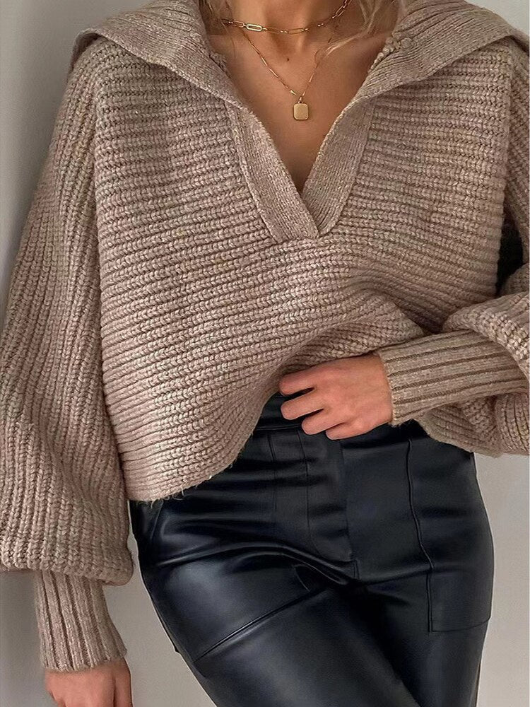 Damen Strickpullover mit V-Ausschnitt und Ballonärmeln-Luzern Mode