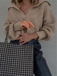 Damen Strickpullover mit V-Ausschnitt und Ballonärmeln-Luzern Mode