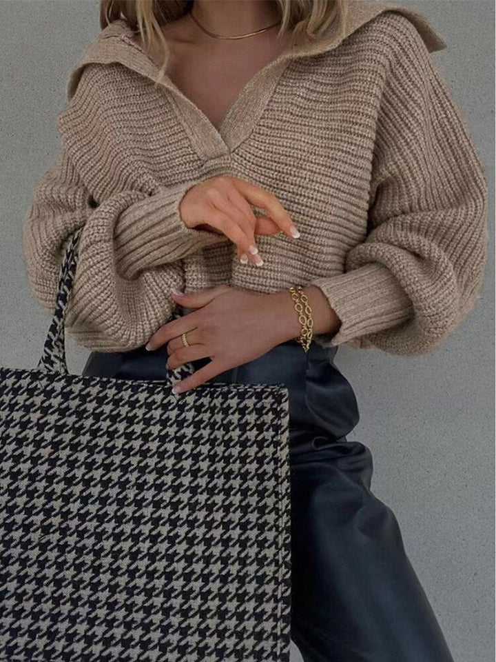 Damen Strickpullover mit V-Ausschnitt und Ballonärmeln-Luzern Mode