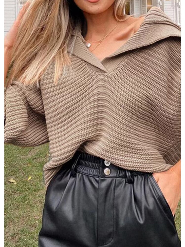 Damen Strickpullover mit V-Ausschnitt und Ballonärmeln-Luzern Mode