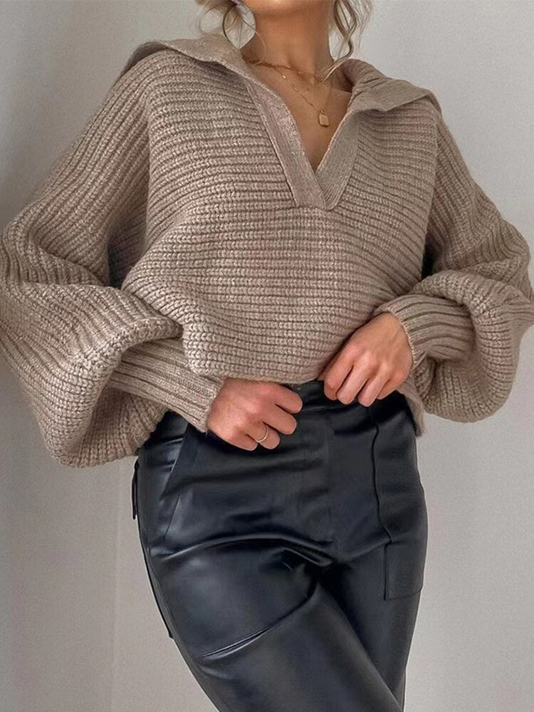 Damen Strickpullover mit V-Ausschnitt und Ballonärmeln-Khaki-S-Luzern Mode