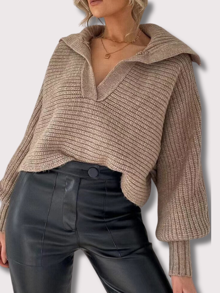 Damen Strickpullover mit V-Ausschnitt und Ballonärmeln-Luzern Mode