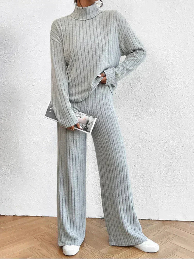 Damen Strickset: Bequemer Pullover und Hose im Set-Grau-S-Luzern Mode