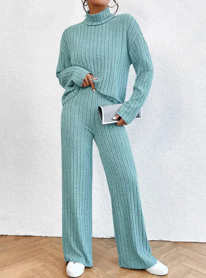Damen Strickset: Bequemer Pullover und Hose im Set-Himmelblau-S-Luzern Mode