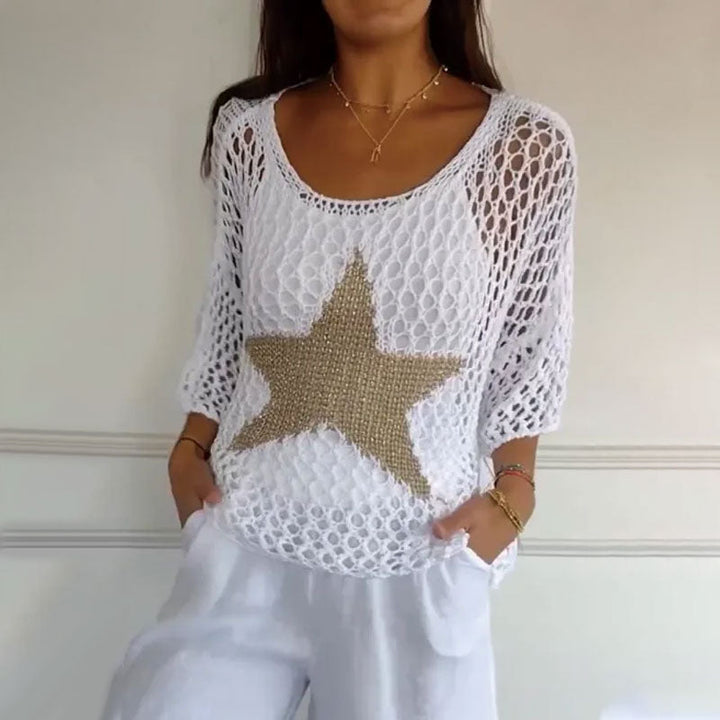 Häkel Netzshirt Damen | Sommer Top | Mesh Look | Trendy Festival Style | Atmungsaktiv-Weiß-M-Luzern Mode