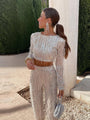 Glitzernde Pailletten | elastische Passform | zweiteilig | Fransen-Details | bequem-Beige-S-Luzern Mode