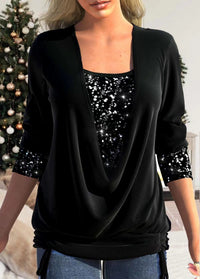 Damen Glitzer Top mit V-Ausschnitt und Pailletten-Details-Schwarz-S-Luzern Mode