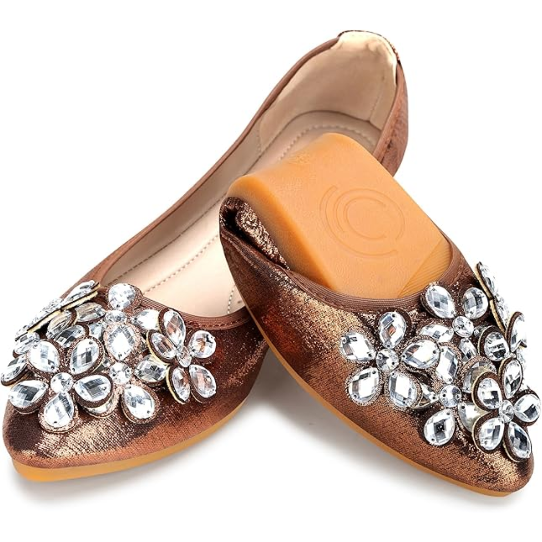 Damen Ballerinas mit Strasssteinen für Hochzeit und Party-Braun-36-Luzern Mode