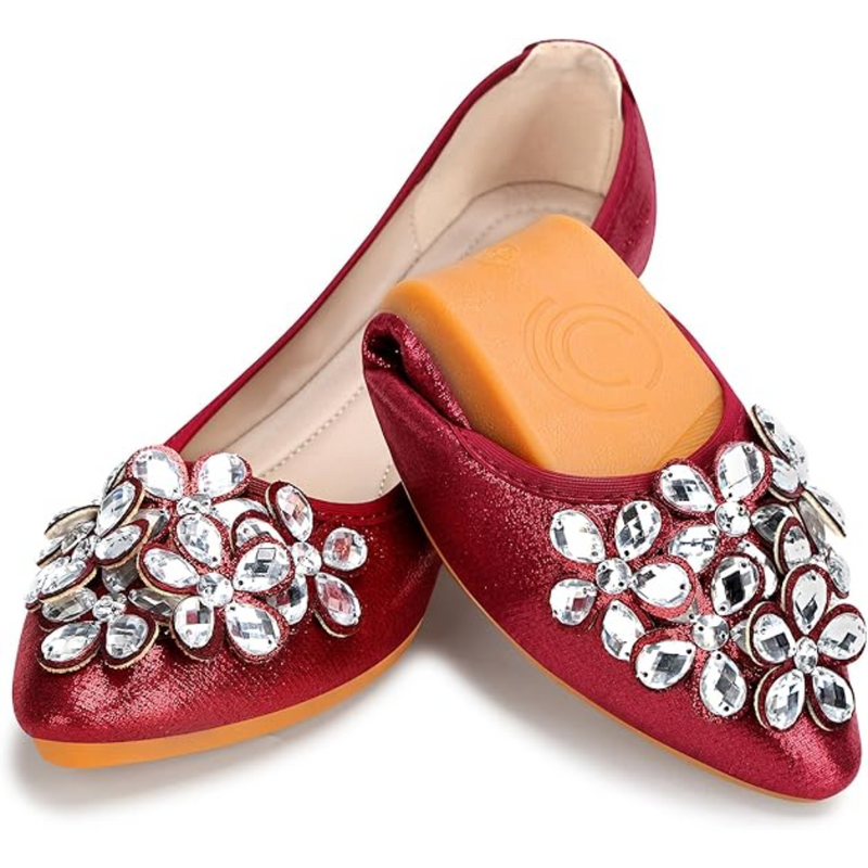 Damen Ballerinas mit Strasssteinen für Hochzeit und Party-Rot-36-Luzern Mode