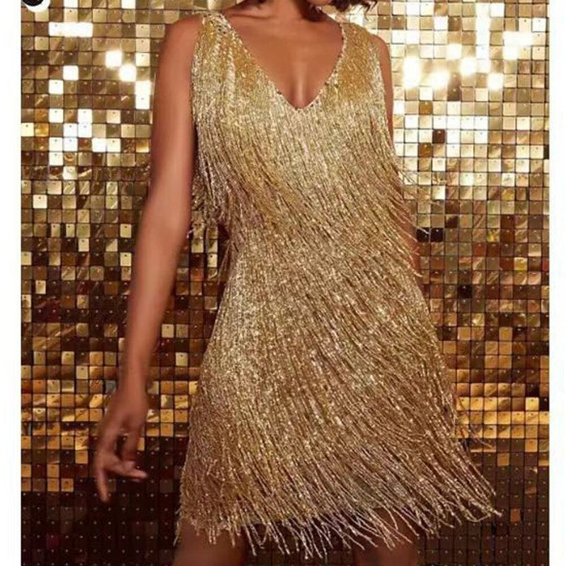Festkleid mit Pailletten | Glitzer | Fransen | Kurz | Ärmellos | V-Ausschnitt-Gold-S-Luzern Mode