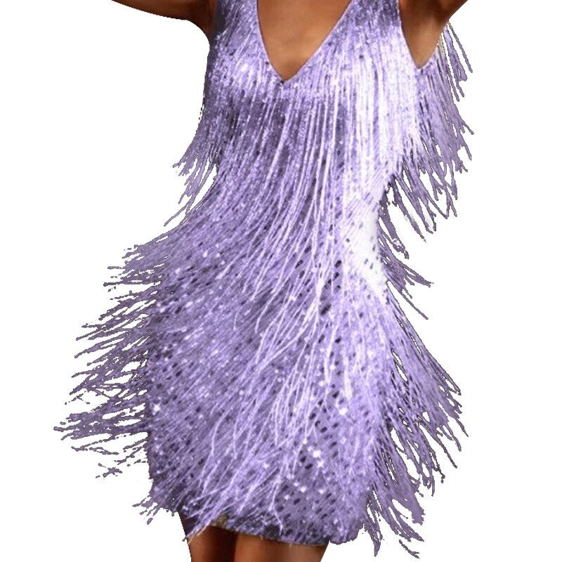 Festkleid mit Pailletten | Glitzer | Fransen | Kurz | Ärmellos | V-Ausschnitt-Lila-S-Luzern Mode