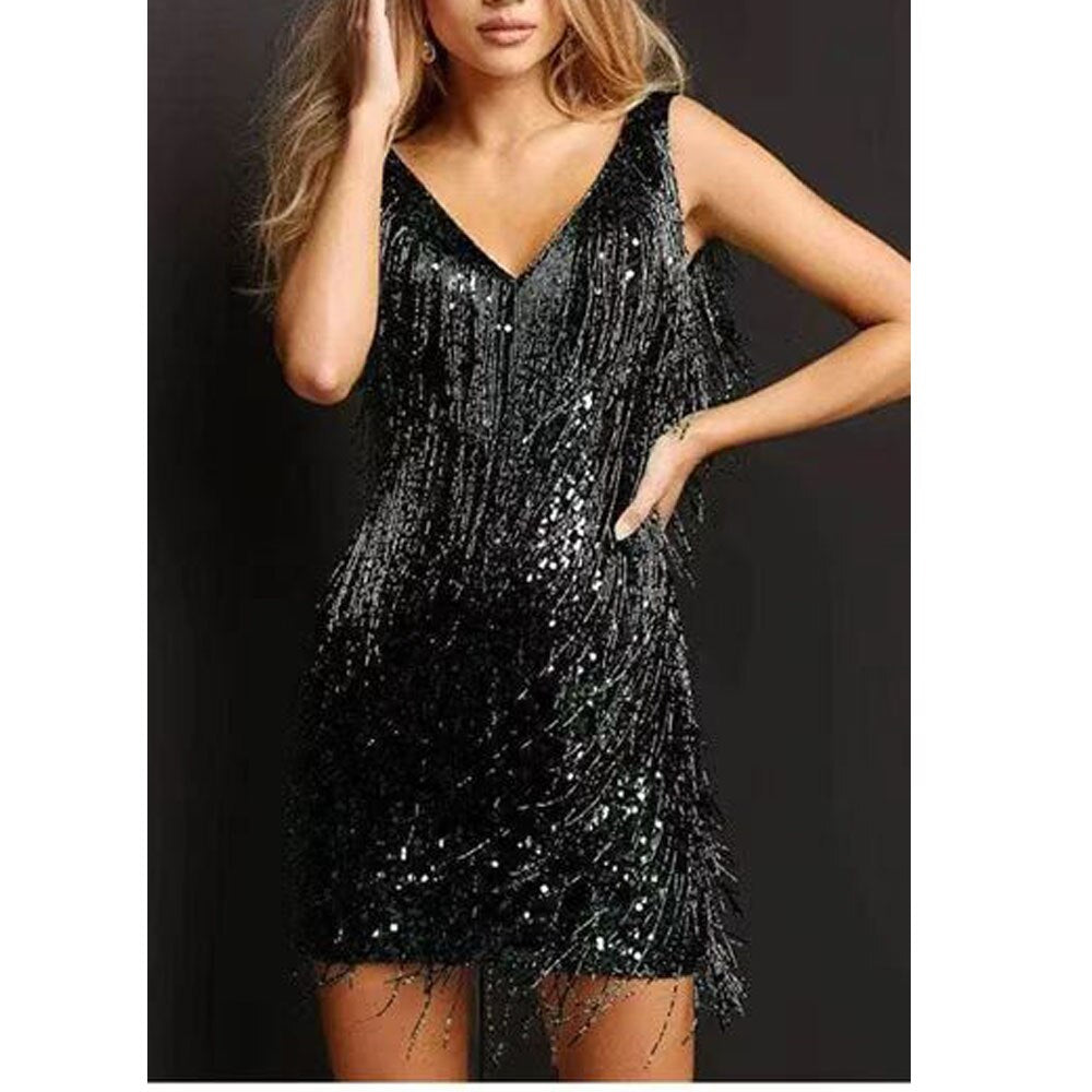 Festkleid mit Pailletten | Glitzer | Fransen | Kurz | Ärmellos | V-Ausschnitt-Schwarz-S-Luzern Mode