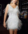 Festkleid mit Pailletten | Glitzer | Fransen | Kurz | Ärmellos | V-Ausschnitt-Weiß-S-Luzern Mode