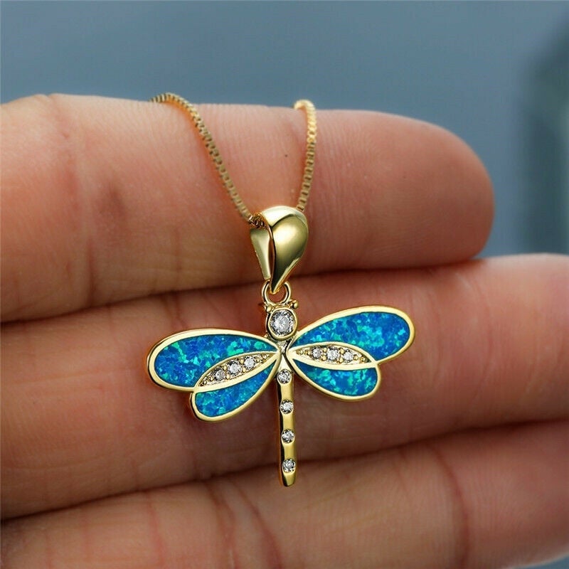 Halskette für Damen | Gold | Libellenanhänger | Opal | Sterling Silber-Blau-Luzern Mode
