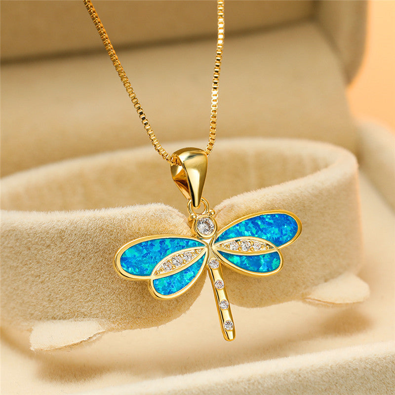 Halskette für Damen | Gold | Libellenanhänger | Opal | Sterling Silber-Luzern Mode