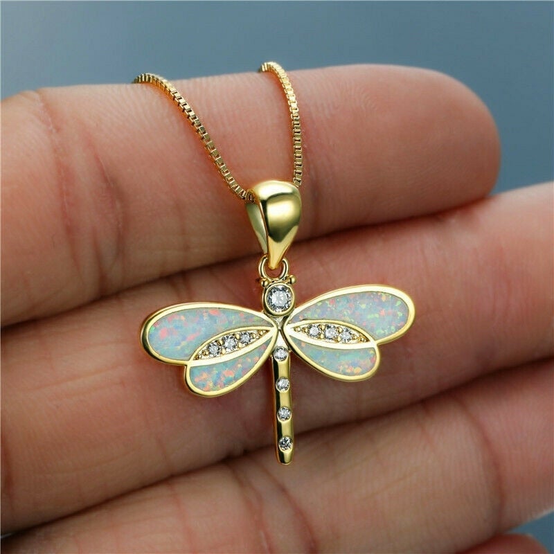 Halskette für Damen | Gold | Libellenanhänger | Opal | Sterling Silber-Weiß-Luzern Mode