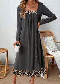 Langes Damenkleid mit Leopardenmuster und Langarm-Design-Luzern Mode