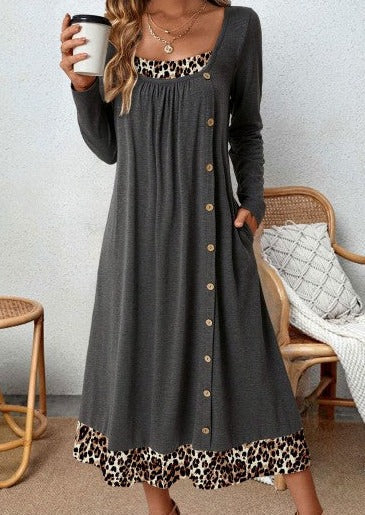 Langes Damenkleid mit Leopardenmuster und Langarm-Design-S-Luzern Mode