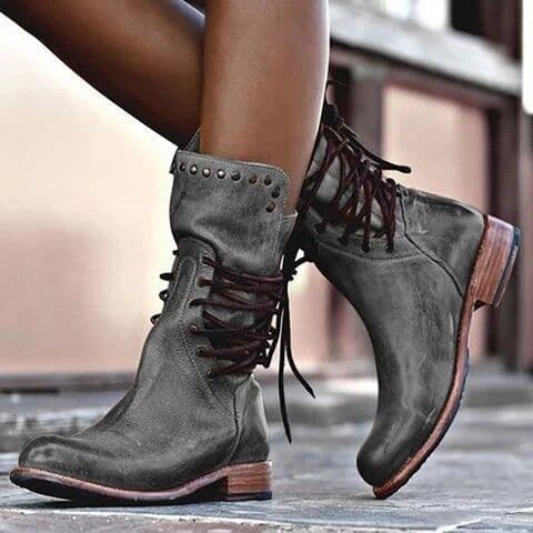 Damen Elegante Lederstiefel mit Nieten und Schnürung-Grau-36-Luzern Mode