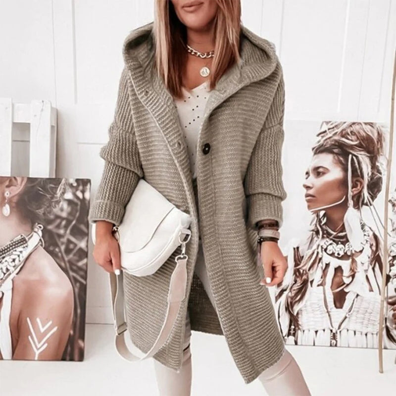 Damen Strickjacke mit Kapuze - Modische Herbstbekleidung-Khaki-S-Luzern Mode