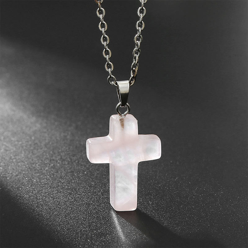 Halskette mit Kreuz | Natürliche Edelsteine | Silber | Stilvoll-Rosenquarz-Luzern Mode