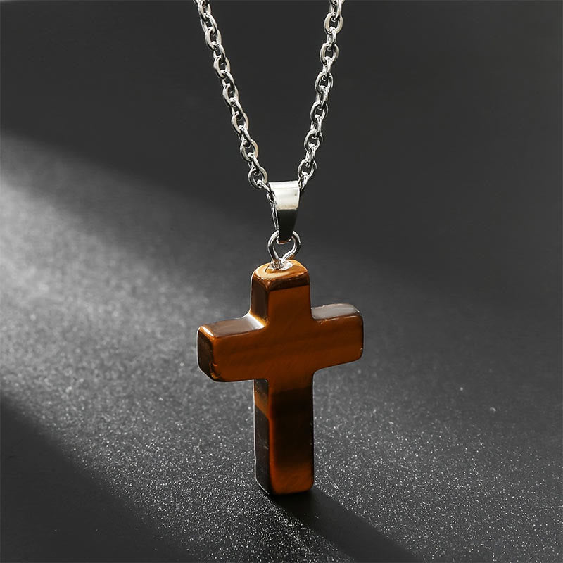 Halskette mit Kreuz | Natürliche Edelsteine | Silber | Stilvoll-Tigerauge-Luzern Mode