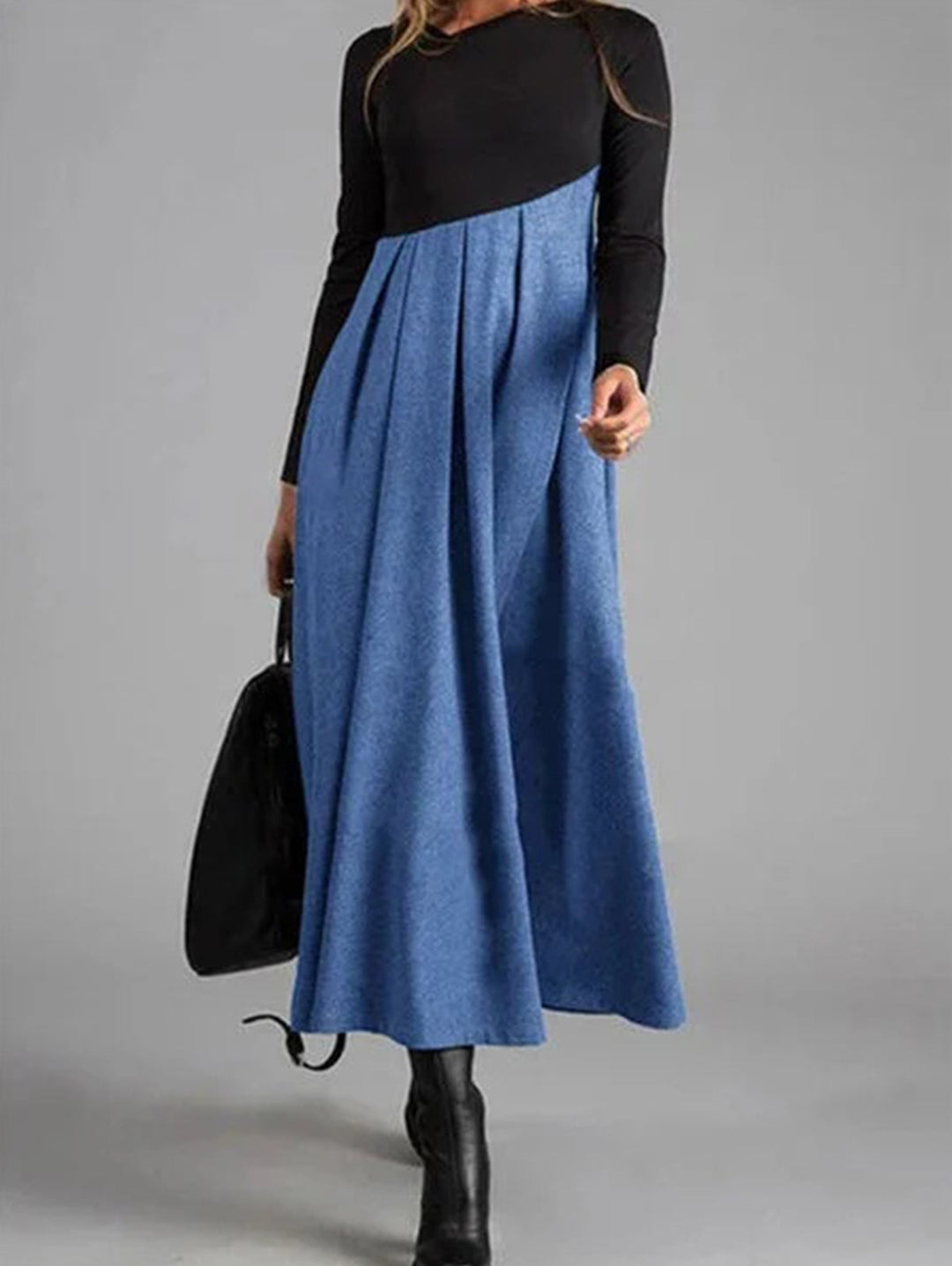 Elegantes Damen Maxikleid mit Langarm und A-Linien Schnitt-Blau-XS-Luzern Mode