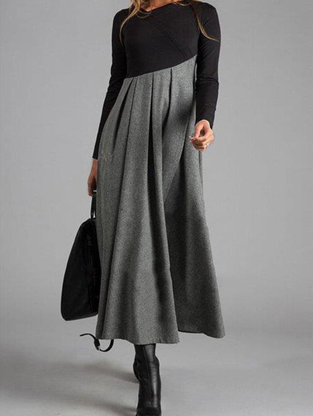 Elegantes Damen Maxikleid mit Langarm und A-Linien Schnitt-Grau-XS-Luzern Mode